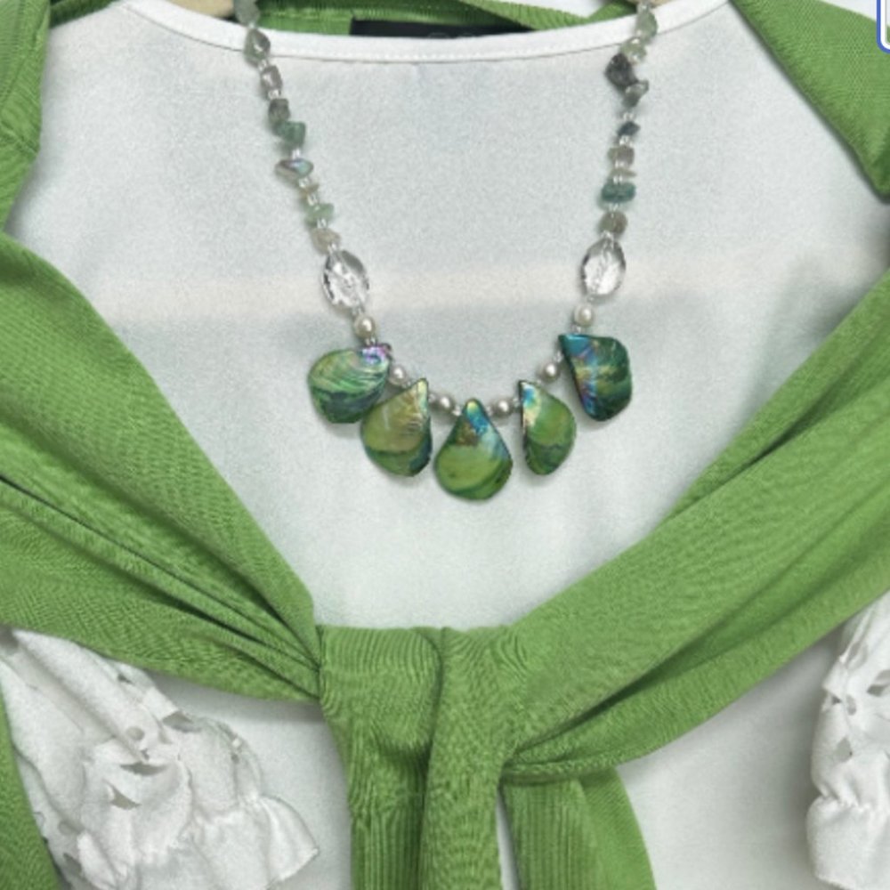 Shell Beaded Necklace and Earrings Set - Green Glass Shell Collection NWT